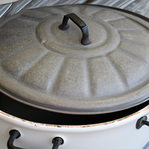 A close-up of a Dutch oven, showcasing its sturdy construction and heat retention capabilities.