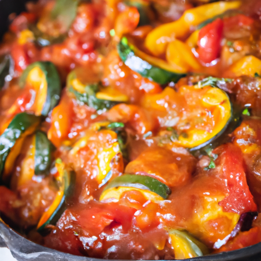 A colorful and vibrant vegetarian ratatouille made in a Dutch oven.