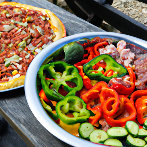 A variety of colorful and flavorful toppings for Dutch oven pizza, including fresh vegetables, meats, and herbs.